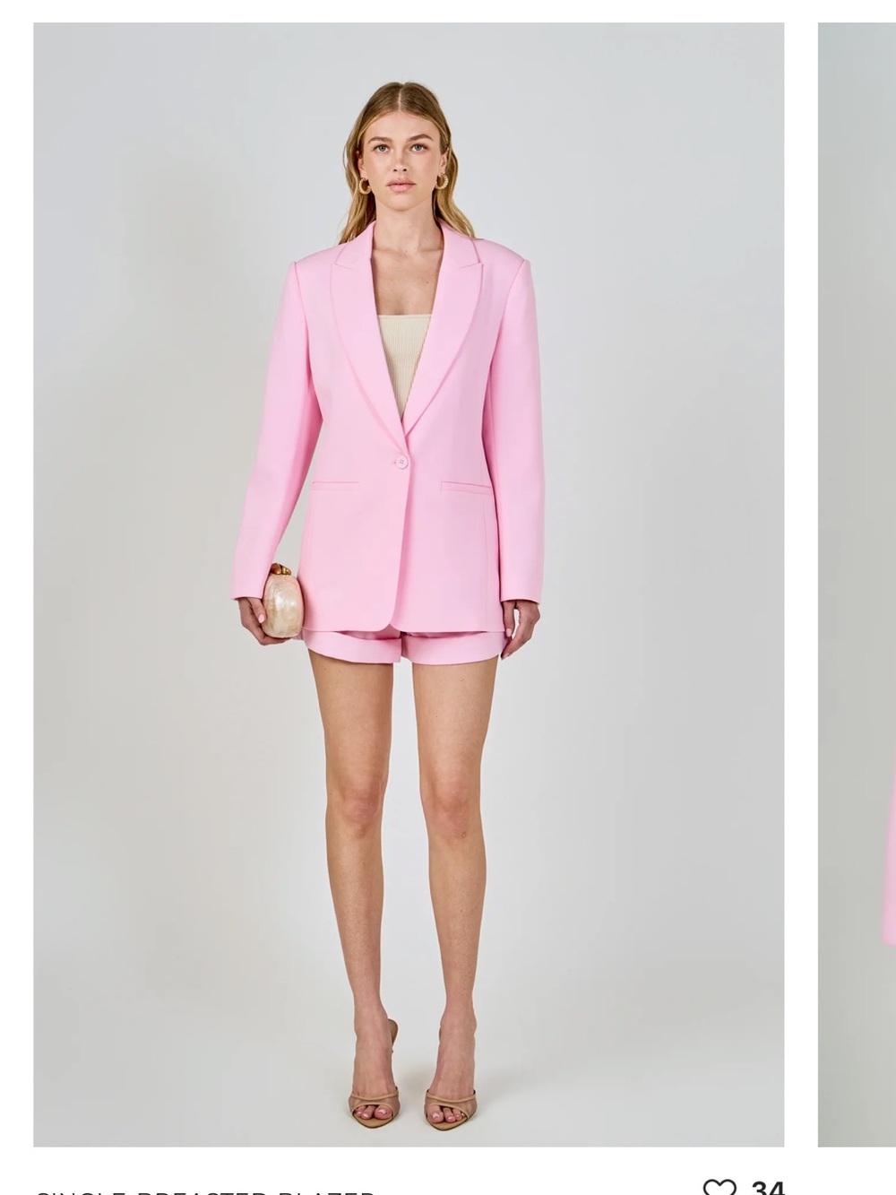 Grey Lab one button fitted blazer and Short Set Pink